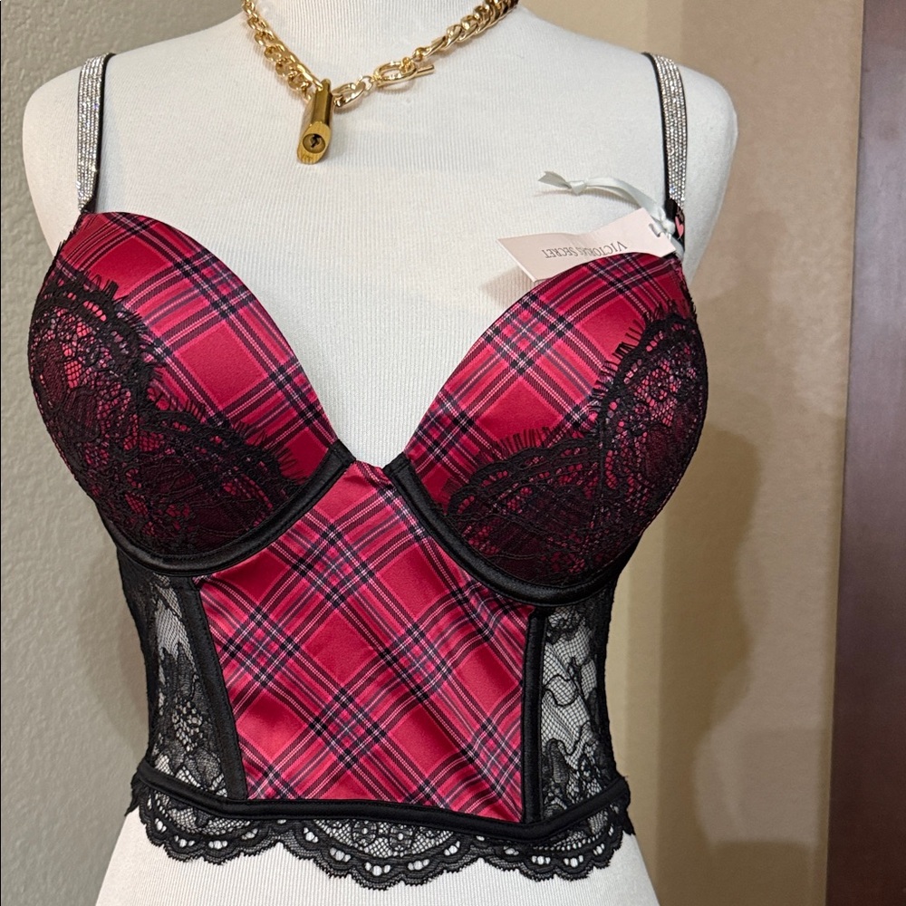 VS Chic Red Plaid Lace Bustier NWT 34B
